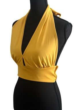 Mustard Yellow Halter Top Deep V Open Back Size Medium